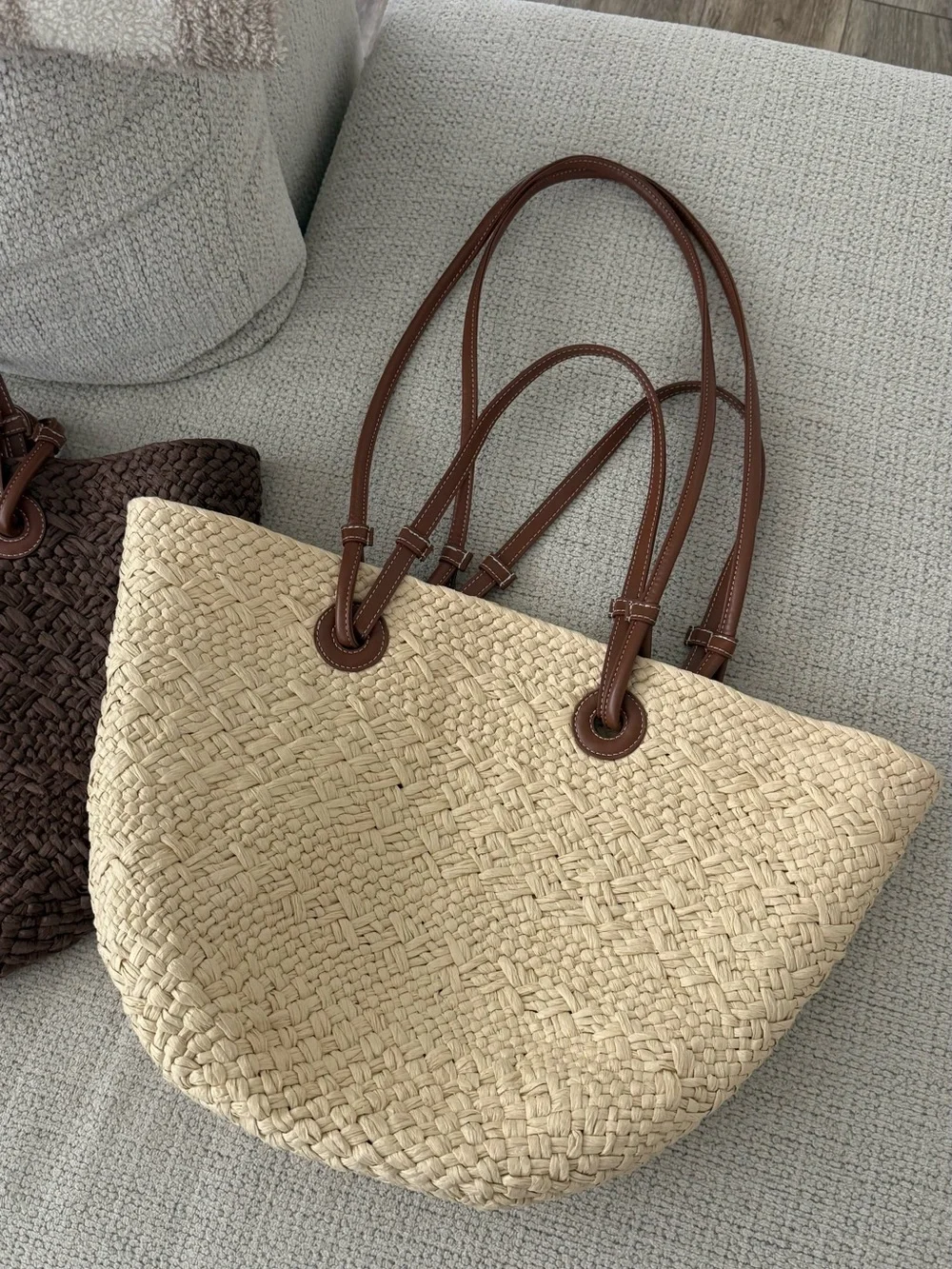 Woven Straw Tote Bag with Brown Leather Handles - Natural / Dark Brown - Picture 4 of 6